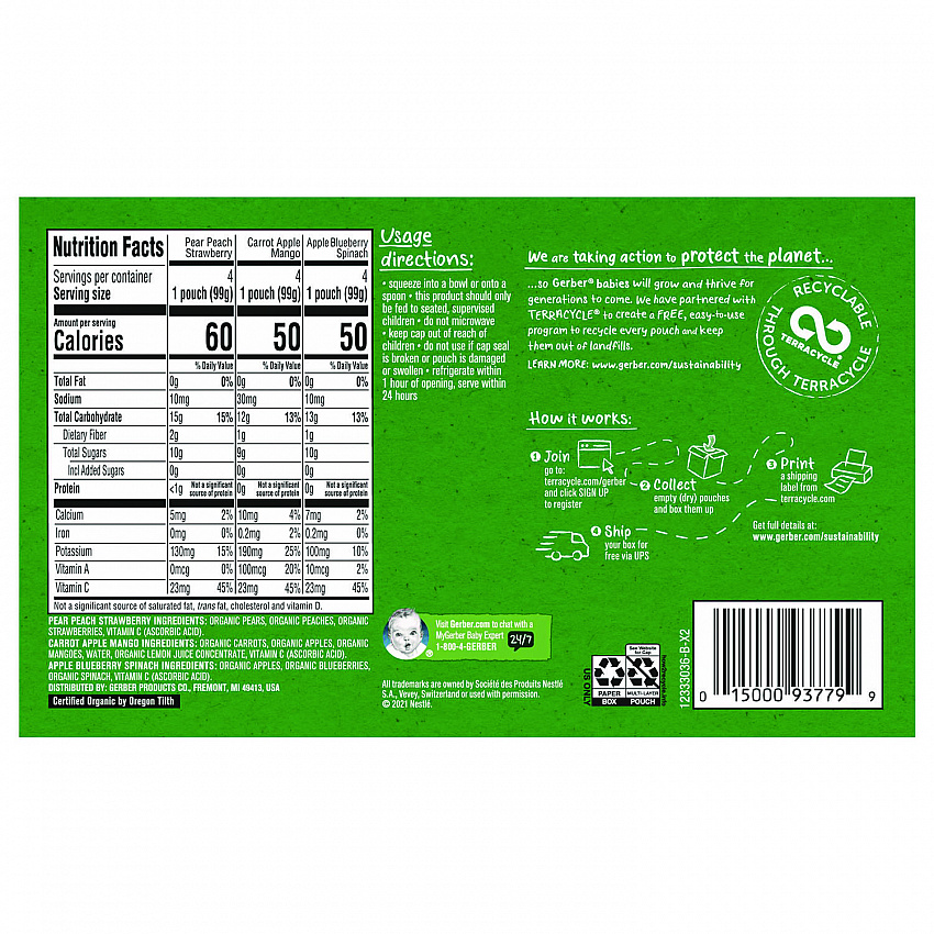 Organic 2nd Foods Baby Food Pouches, Assorted Flavors, 3.5 oz Pouch, 12/Carton (22002367)
