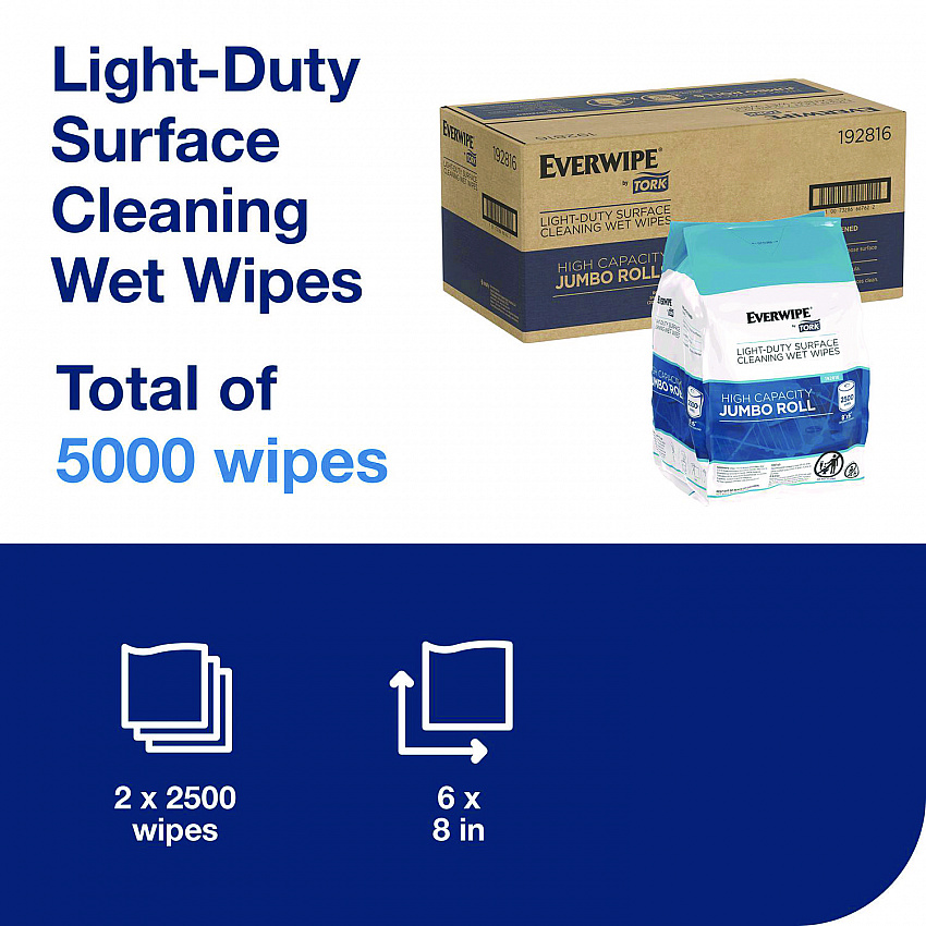 Light-Duty Surface Cleaning Wet Wipe, 1-Ply, 8 x 6, Unscented, White, 2,500 Sheets/Roll, 2 Rolls/Carton (192816)