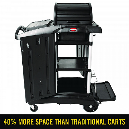 Executive High Security Janitorial Cleaning Cart, Plastic, 4 Shelves, 1 Bin, 23.1