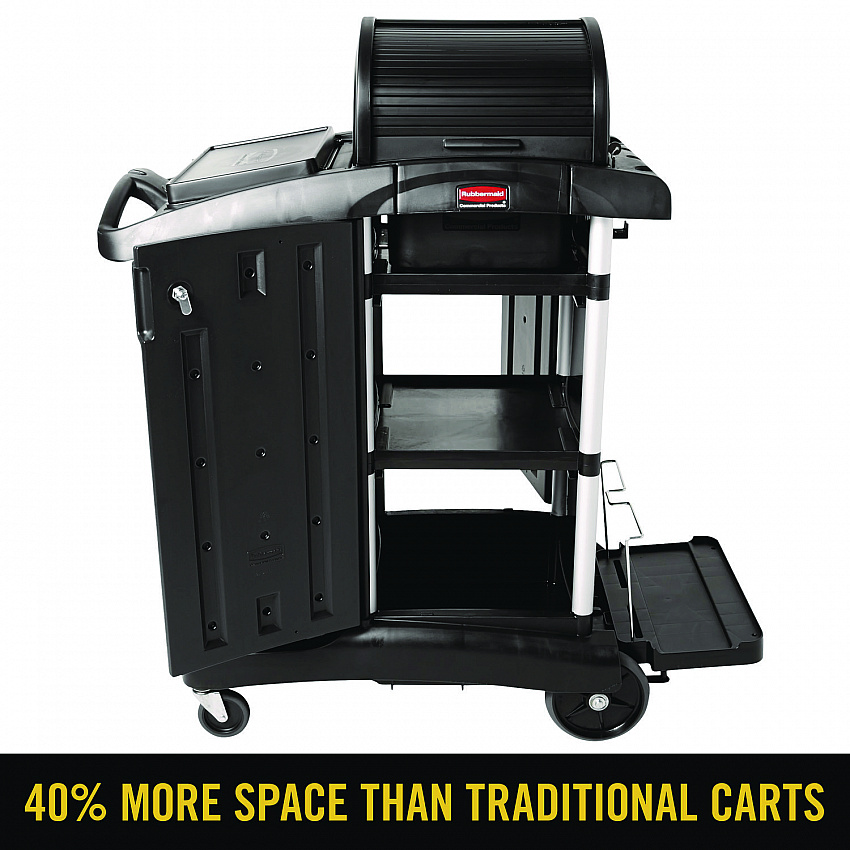 Executive High Security Janitorial Cleaning Cart, Plastic, 4 Shelves, 1 Bin, 23.1" x 39.6" x 27.5", Black (1861427)