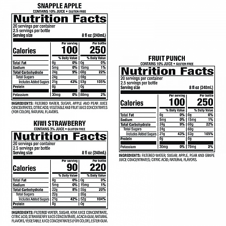 Juice Drink Variety Pack, Snapple Apple, Fruit Punch, Kiwi Strawberry, 20 oz Bottle, 24/Carton (22000813)