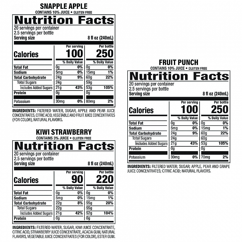 Juice Drink Variety Pack, Snapple Apple, Fruit Punch, Kiwi Strawberry, 20 oz Bottle, 24/Carton (22000813)