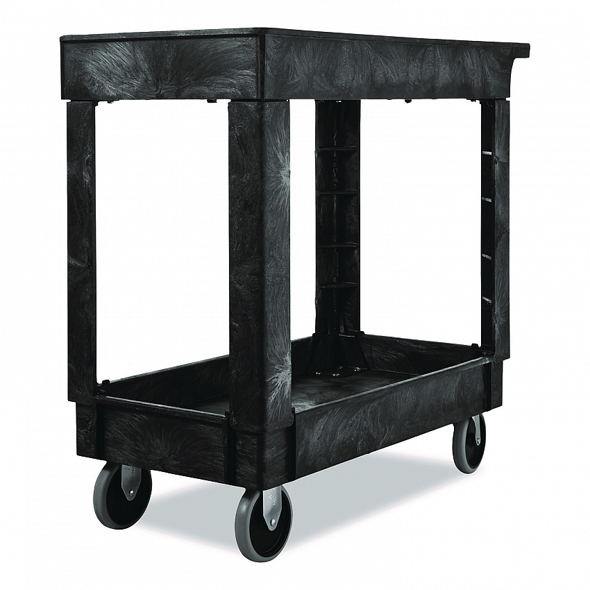 Heavy-Duty Flat-Handle Maintenance/Utility Cart, Plastic, 2 Shelves, 500 lb Capacity, 34.13" x 17.38" x 32.38", Black (9T6600BLA)