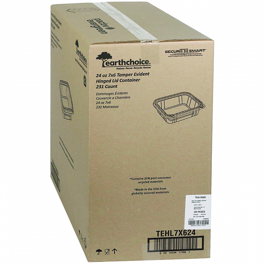 EarthChoice Tamper Evident Recycled Hinged Lid Deli Container, 24 oz, 7.25 x 6.37 x 2, Clear, Plastic, 231/Carton (TEHL7X624)
