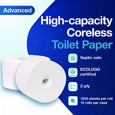Advanced Coreless High Capacity Bath Tissue, 2-Ply, White, 1,000 Sheets/Roll, 12 Rolls/Carton (472881)
