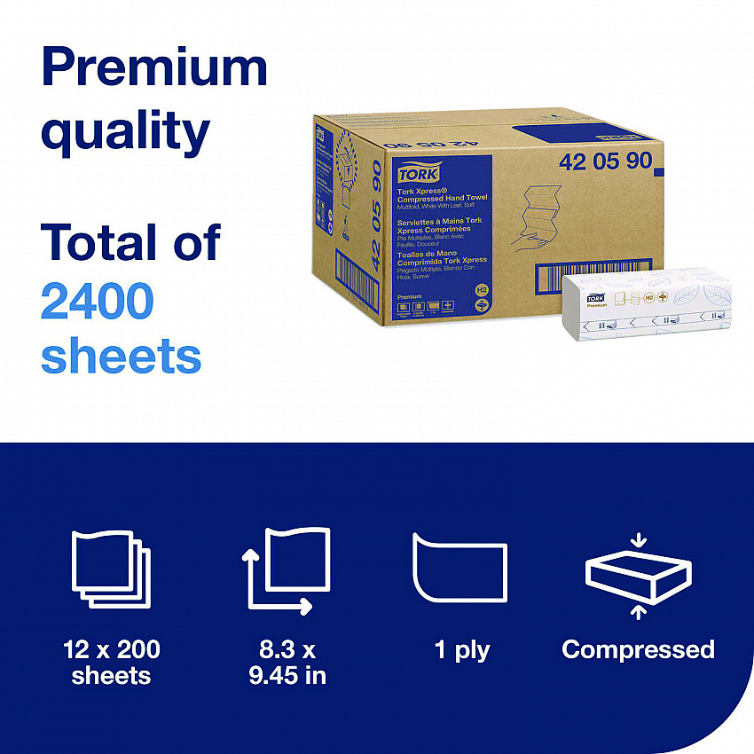 Xpress Compressed Multifold Hand Towels, 1-Ply, 8.3 x 9.45, White, 200/Pack, 12 Packs/Carton (420590)