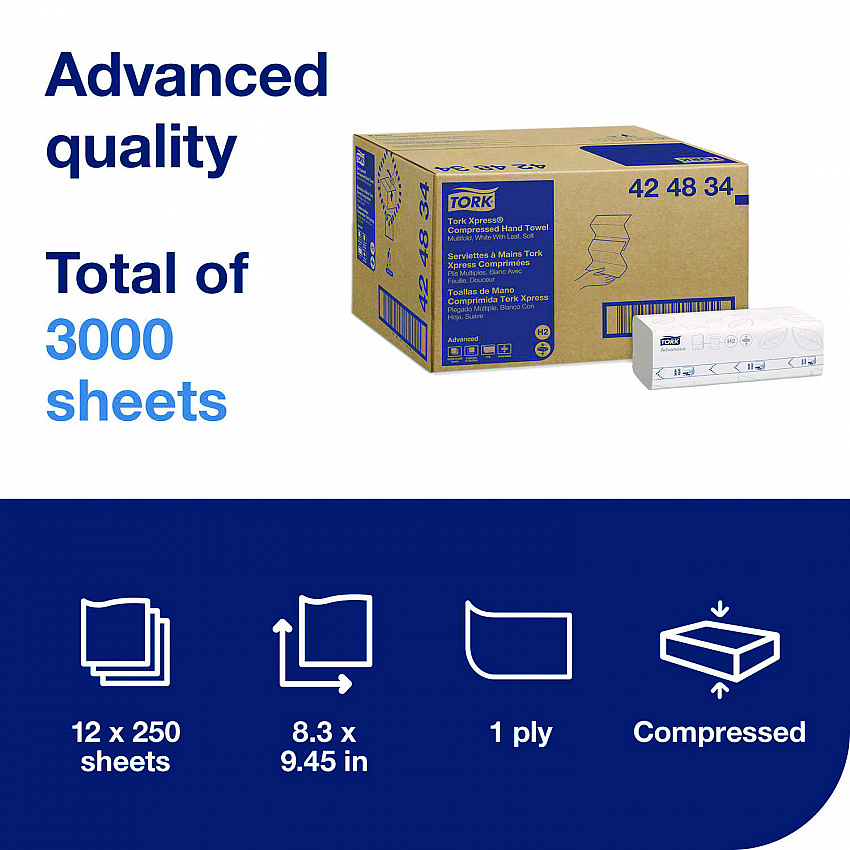 Xpress Compressed Multifold Hand Towels, 1-Ply, 8.3 x 9.25, White, 250/Pack, 12 Packs/Carton (424834)