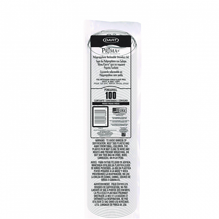Prima Strawless Plastic Lids, Fits 30 oz to 32 oz Cold Cups, Clear, 100/Sleeve, 12 Sleeves/Carton (P3032RSL)