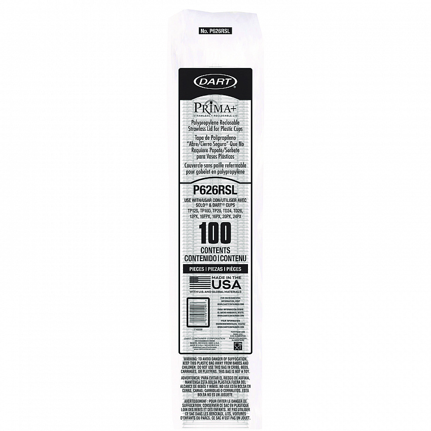 Prima Strawless Plastic Lids, Fits 12 oz to 26 oz Cold Cups, Clear, 100/Sleeve, 10 Sleeves/Carton (P626RSL)