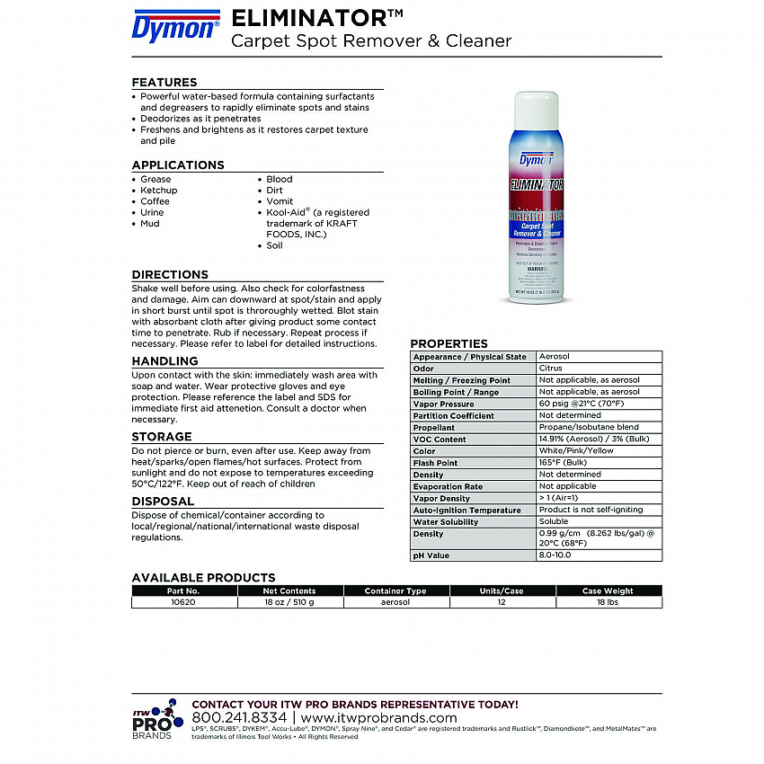 Eliminator Carpet Spot and Stain Remover, Unscented, 18 oz Aerosol Spray, 12/Carton (10620)