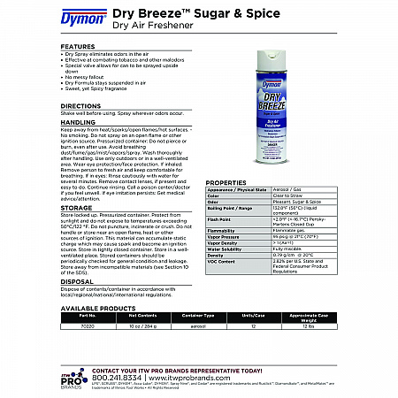 Dry Breeze Aerosol Air Freshener, Sugar and Spice, 10 oz Aerosol Spray, 12/Carton (70220)