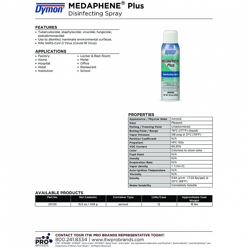 Medaphene Plus Disinfectant Spray, 15.5 oz Aerosol Spray, 12/Carton (35720)