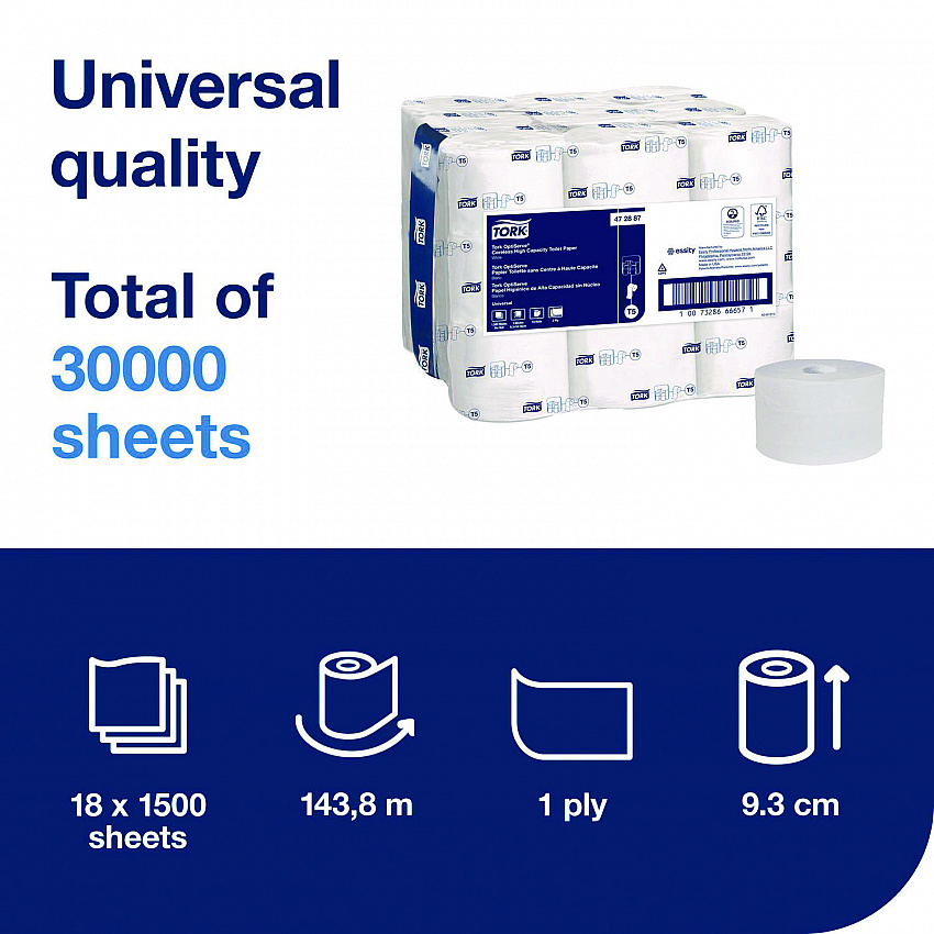 OptiServe High-Capacity Coreless Toilet Paper, 2-Ply, White, 1,500 Sheets/Roll, 18 Rolls/Carton (472887)