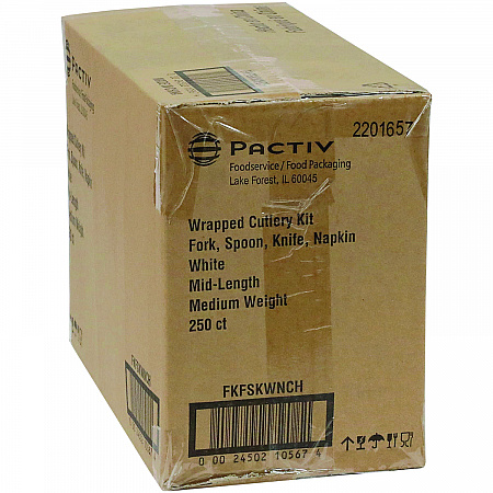 Fieldware Cutlery Kit, Individually Wrapped, Mediumweight, Fork/Knife/Napkin/Spoon, Plastic, White, 250/Carton (FKFSKWNCH)