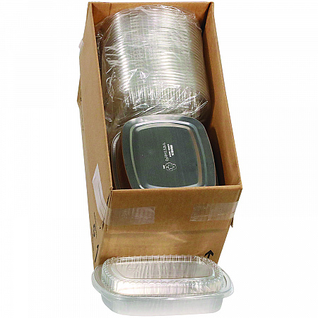 Classic Carry-Out Container with PET Dome Lid, 46 oz, 9.8 x 7.8 x 1.3, Silver/Clear, Aluminum, 50/Carton (Y6710PET)