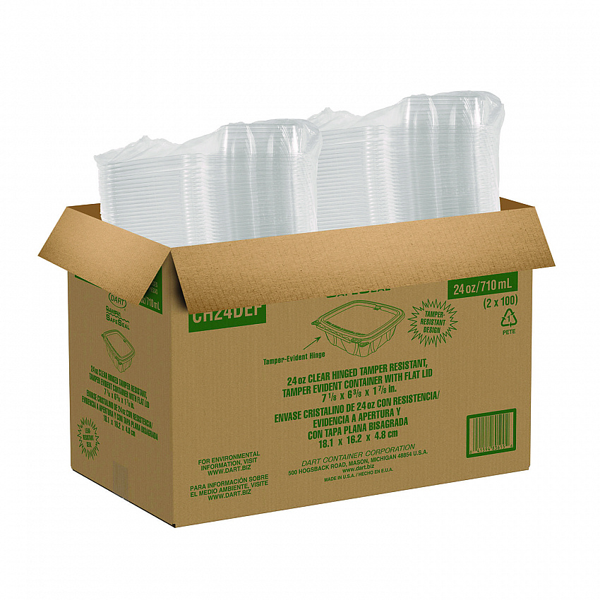 ClearPac SafeSeal rPET Tamper-Resistant/Evident Containers, Embossed Bottom, 24 oz, 6.37 x 7.15 x 1.86, Clear, 200/Carton (CH24DERF)