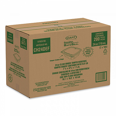 ClearPac SafeSeal rPET Tamper-Resistant/Evident Containers, Embossed Bottom, 24 oz, 6.37 x 7.15 x 1.86, Clear, 200/Carton (CH24DERF)