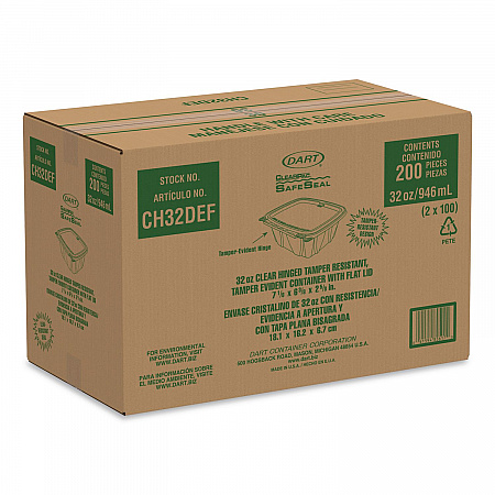 ClearPac SafeSeal rPET Tamper-Resistant/Evident Containers, Embossed Bottom, 32 oz, 6.37 x 7.15 x 2.58, Clear, 200/Carton (CH32DERF)