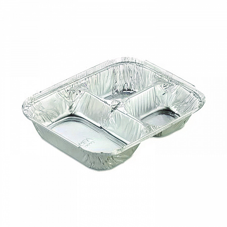 Aluminum Oblong Container with Lid, 3 Compartments, 24 oz, 8.5 x 6.38 x 1.47, Silver, 500/Carton (204535)