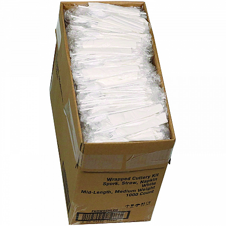 Fieldware Cutlery Kit, Mediumweight, Napkin/Spork/Straw, Plastic, White, 1,000/Carton (FKQWSCHLCH)