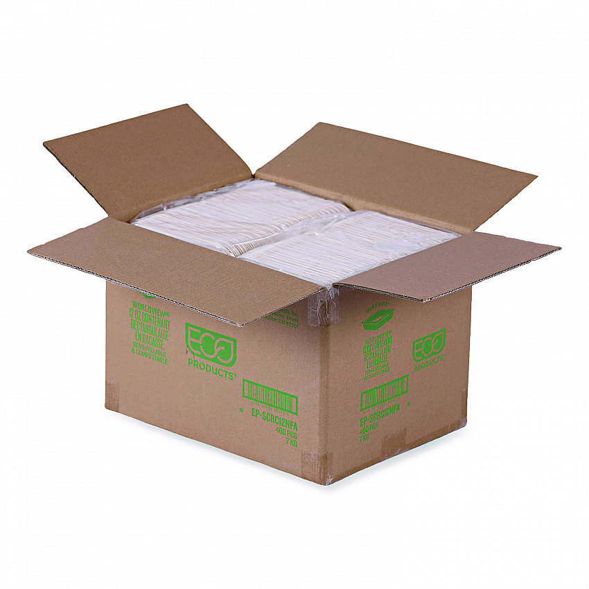 WorldView Vanguard Rectangular Container, 12 oz, 7 x 4.75 x 1, Sugarcane Fiber, White, 400/Carton (EPSCRC12NFA)