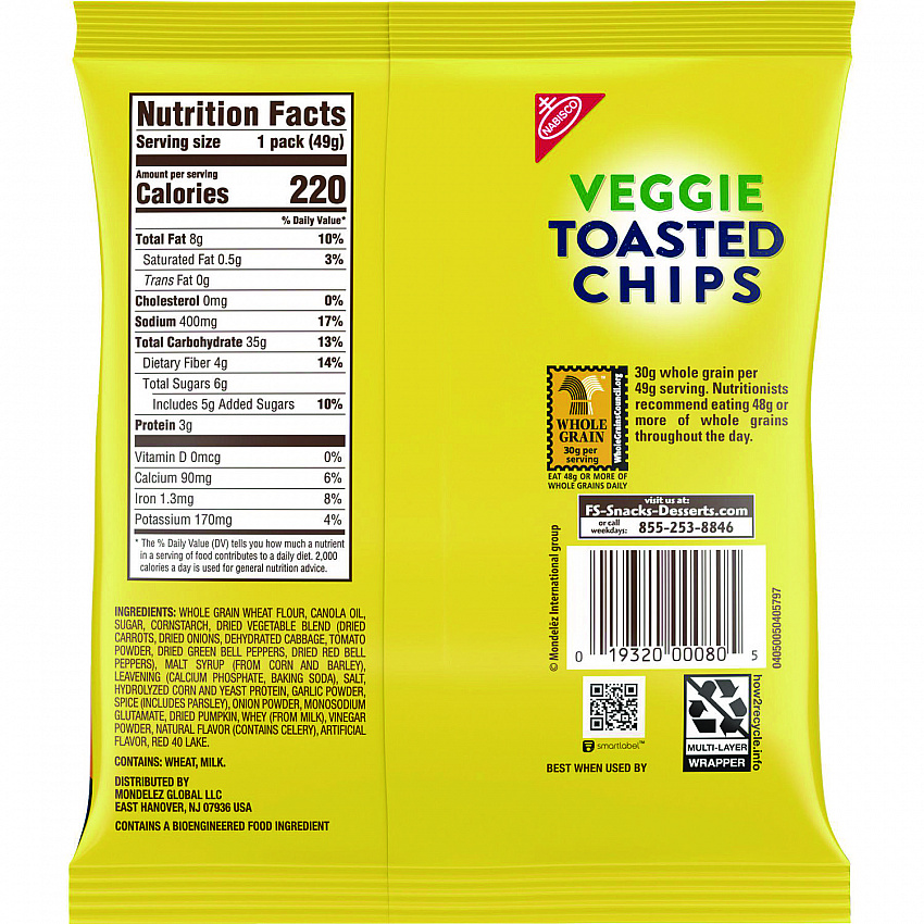 Wheat Thins Toasted Veggie Chips, 1.75 oz Bag, 60/Carton (00080)