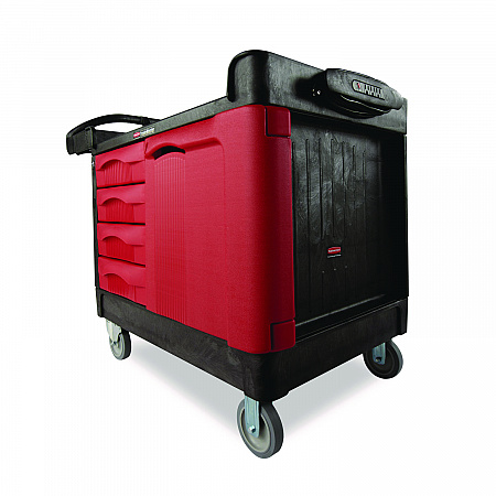 TradeMaster Cart with One Door, Plastic, 3 Shelves, 4 Drawers, 750 lb Capacity, 26.25