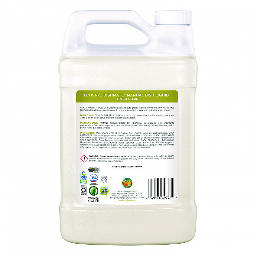 Dishmate Manual Dish Liquid, Free and Clear, 1 gal Jug, 4/Carton (PL972104CT)