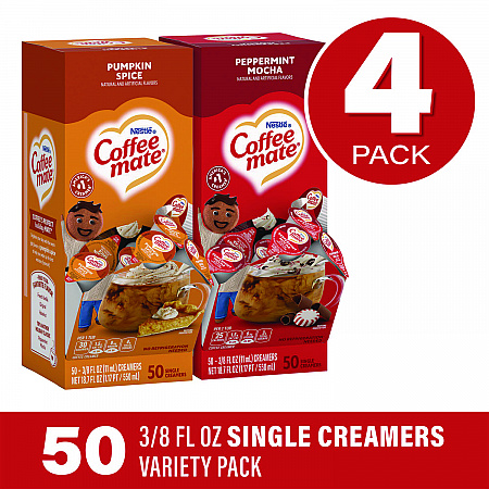 Liquid Coffee Creamer, Peppermint Mocha/Pumpkin Spice, 0.38 oz Mini Cups, 50/Pack, 4 Packs/Carton (70000095)