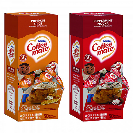 Liquid Coffee Creamer, Peppermint Mocha/Pumpkin Spice, 0.38 oz Mini Cups, 50/Pack, 4 Packs/Carton (70000095)