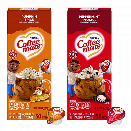 Liquid Coffee Creamer, Peppermint Mocha/Pumpkin Spice, 0.38 oz Mini Cups, 50/Pack, 4 Packs/Carton (70000095)
