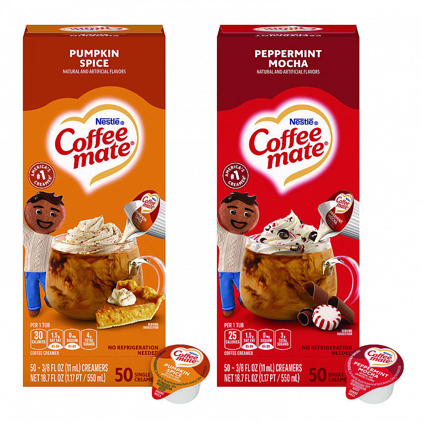 Liquid Coffee Creamer, Peppermint Mocha/Pumpkin Spice, 0.38 oz Mini Cups, 50/Pack, 4 Packs/Carton (70000095)