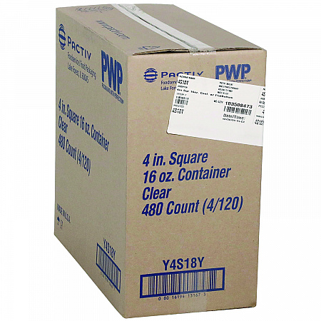 PET Square Container, 16 oz, 4 x 4 x 3, Clear, Plastic, 480/Carton (4S18Y)