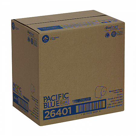 Pacific Blue Basic Recycled Paper Towel Roll, 1-Ply, 7.88 x 350 ft, Brown, 12 Rolls/Carton (26401)