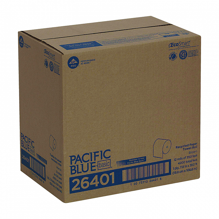 Pacific Blue Basic Recycled Paper Towel Roll, 1-Ply, 7.88 x 350 ft, Brown, 12 Rolls/Carton (26401)