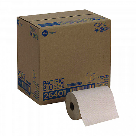 Pacific Blue Basic Recycled Paper Towel Roll, 1-Ply, 7.88 x 350 ft, Brown, 12 Rolls/Carton (26401)