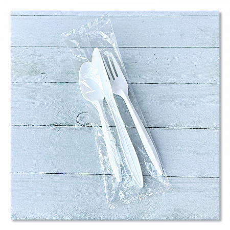 Three-Piece Polystyrene Cutlery Kit, Mediumweight, Fork/Knife/Spoon, Plastic, White, 250/Carton (3KITWHPS)