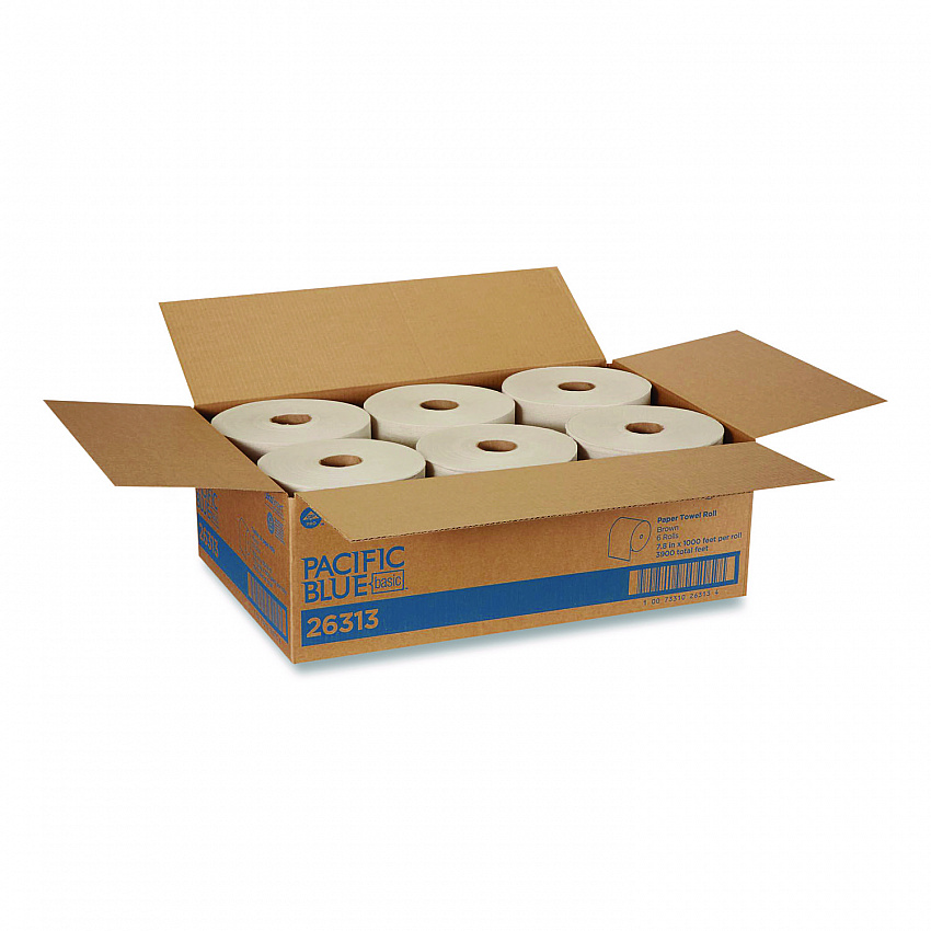 Pacific Blue Basic Recycled Paper Towel Roll, 1-Ply, 7.87 " x 1,000 ft, Brown, 6/Carton (26313)
