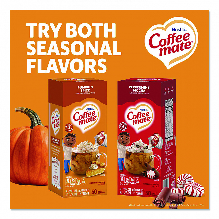 Liquid Coffee Creamer, Pumpkin Spice, 0.38 oz Mini Cups, 50/Box, 4 Boxes/Carton (75520CT)