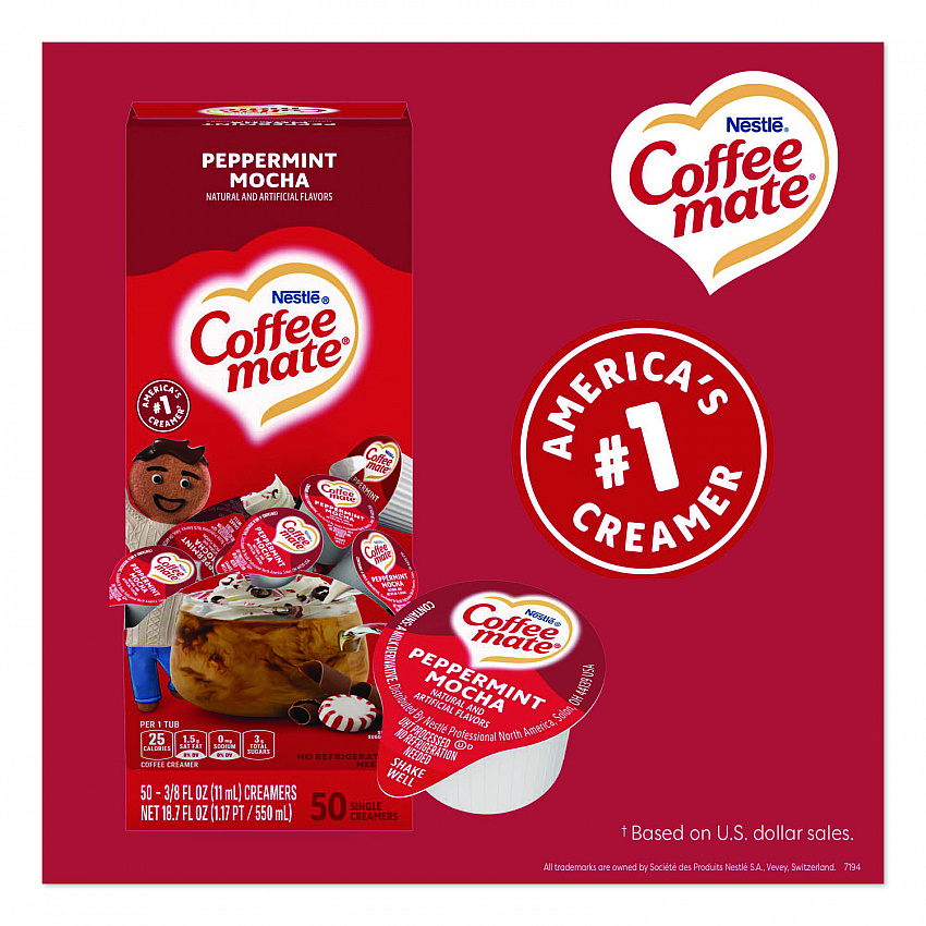 Liquid Coffee Creamer, Peppermint Mocha, 0.38 oz Mini Cups, 50/Box (76060)