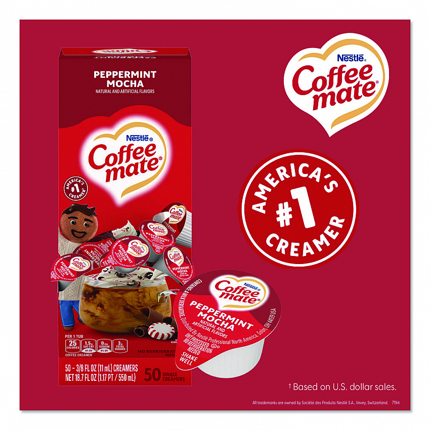 Liquid Coffee Creamer, Peppermint Mocha, 0.38 oz Mini Cups, 50/Box, 4 Boxes/Carton (76060CT)
