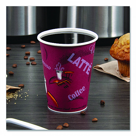 Paper Hot Drink Cups in Bistro Design, 12 oz, Maroon, 300/Carton (OF12BI0041)