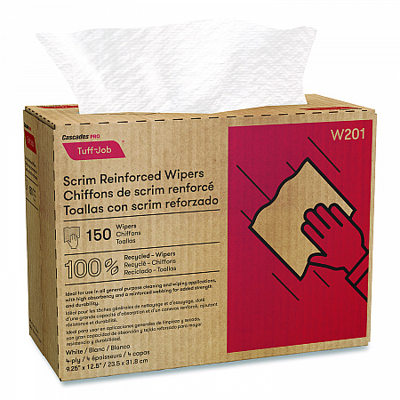 Tuff-Job Scrim Reinforced Wipers, 4-Ply, 9.25 x 12.5, White, 150/Box, 10 Boxes/Carton (W201)