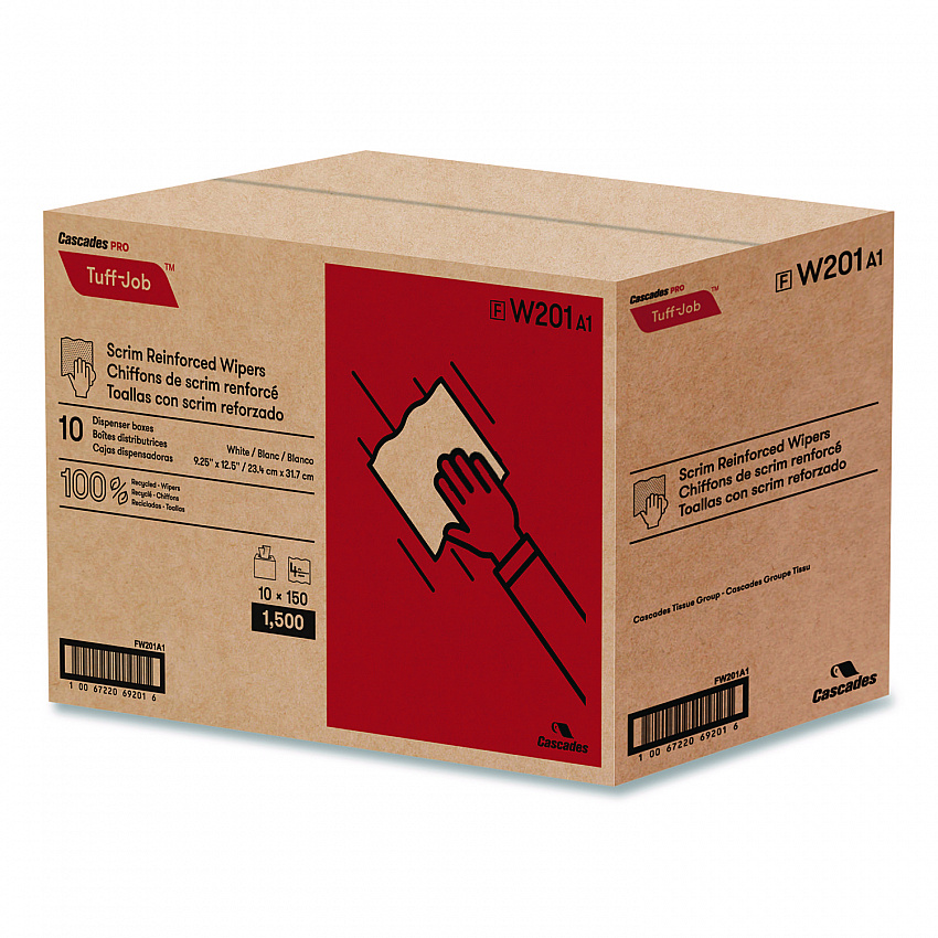 Tuff-Job Scrim Reinforced Wipers, 4-Ply, 9.25 x 12.5, White, 150/Box, 10 Boxes/Carton (W201)