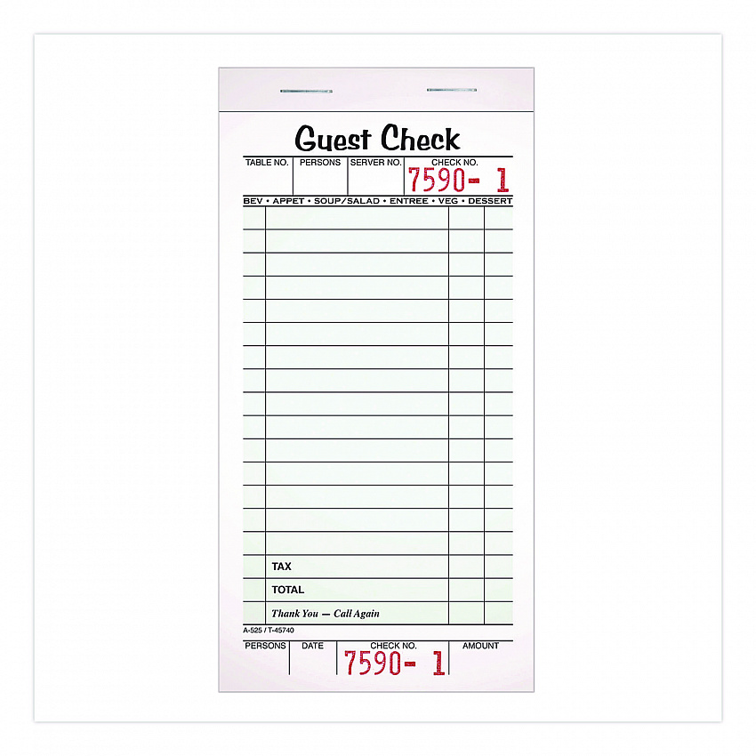 One-Part Guest Check Pad with Perforated Stub, One-Part (No Copies), 3.4 x 6.25, 50 Forms/Pad, 10 Pads/Pack (525SW)
