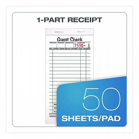 One-Part Guest Check Pad with Perforated Stub, One-Part (No Copies), 3.4 x 6.25, 50 Forms/Pad, 10 Pads/Pack (525SW)