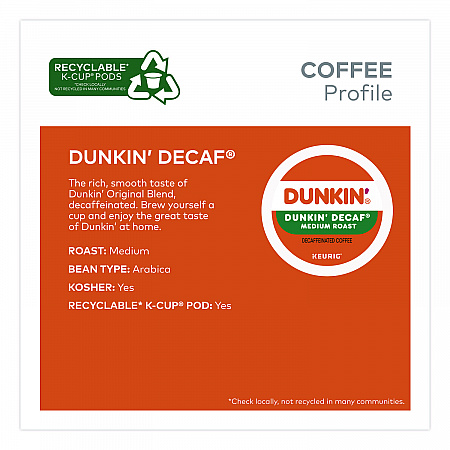 K-Cups, Dunkin' Decaf, 0.37 oz, 22/Box, 4 Boxes/Carton (400846)