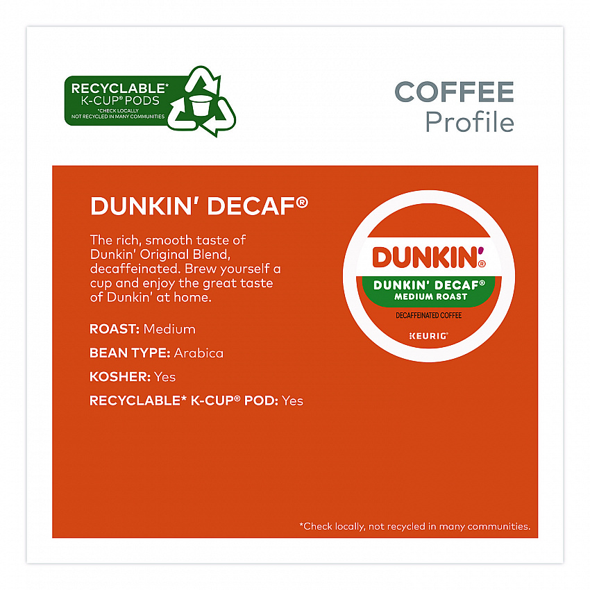 K-Cups, Dunkin' Decaf, 0.37 oz, 22/Box, 4 Boxes/Carton (400846)