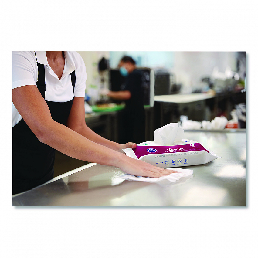 Foodservice Surface Sanitizing Wipes, 1-Ply, 7.4 x 9, Fragrance Free, White, 72 Wipes/Resealable Pack (937112)