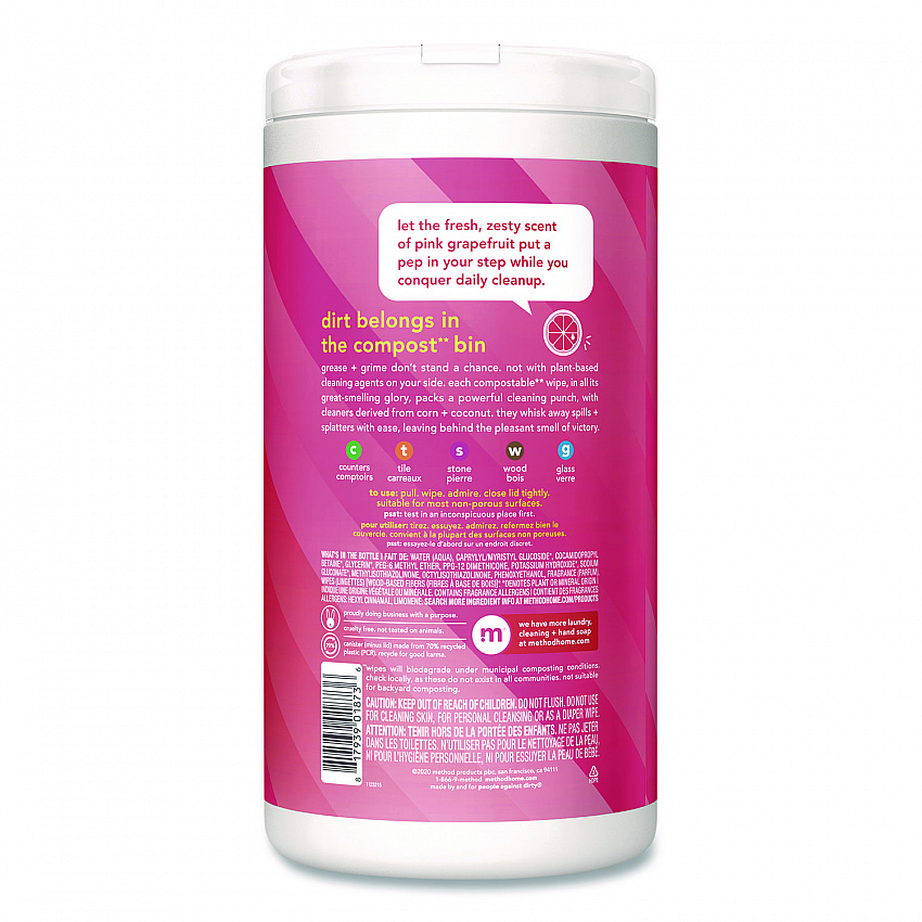 All Purpose Cleaning Wipes, 1 Ply, Pink Grapefruit, White, 70/Pack (365347)